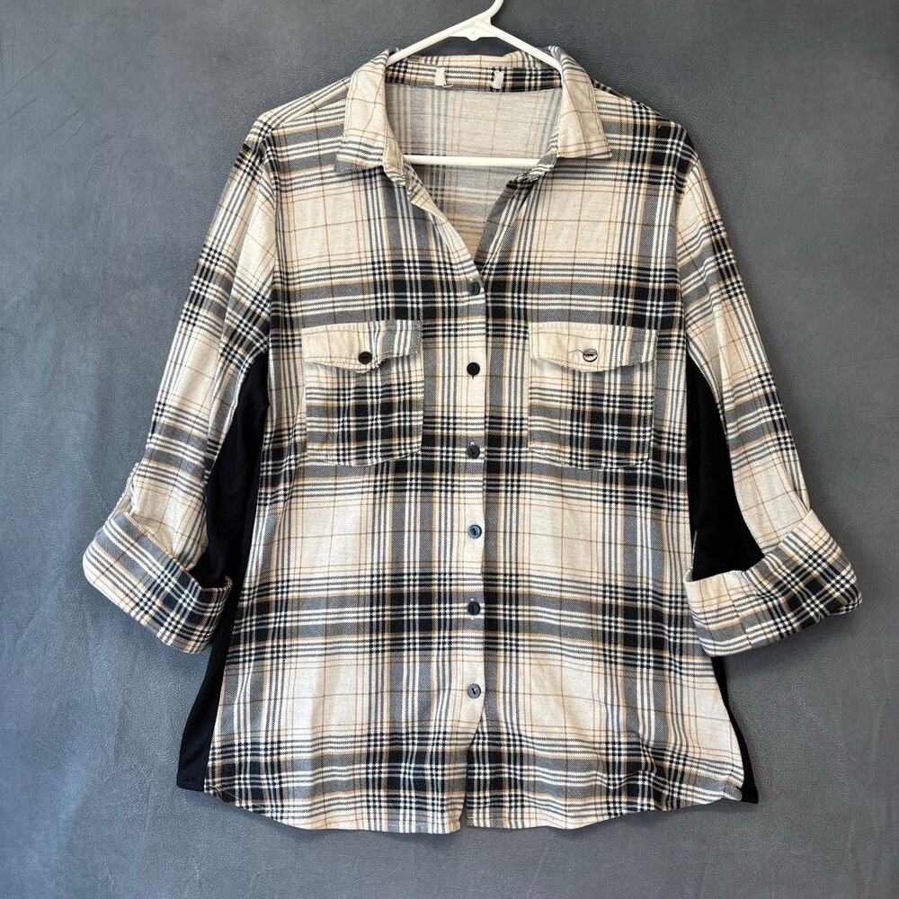 Plaid Flannel Button Up Shirt Beige Black Check 1X Plus Size Preppy Skate Casual